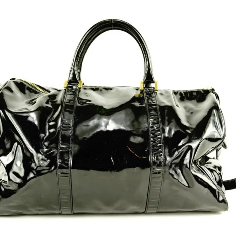Chanel Large Black Patent CC Logo Duffle Bag with Strap 1C103a